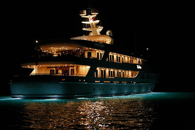mega yacht in night